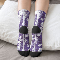 Purple Hawaiian Hibiscus Monstera Crew Socks Grunge Stylized LT01 - Polynesian Pride