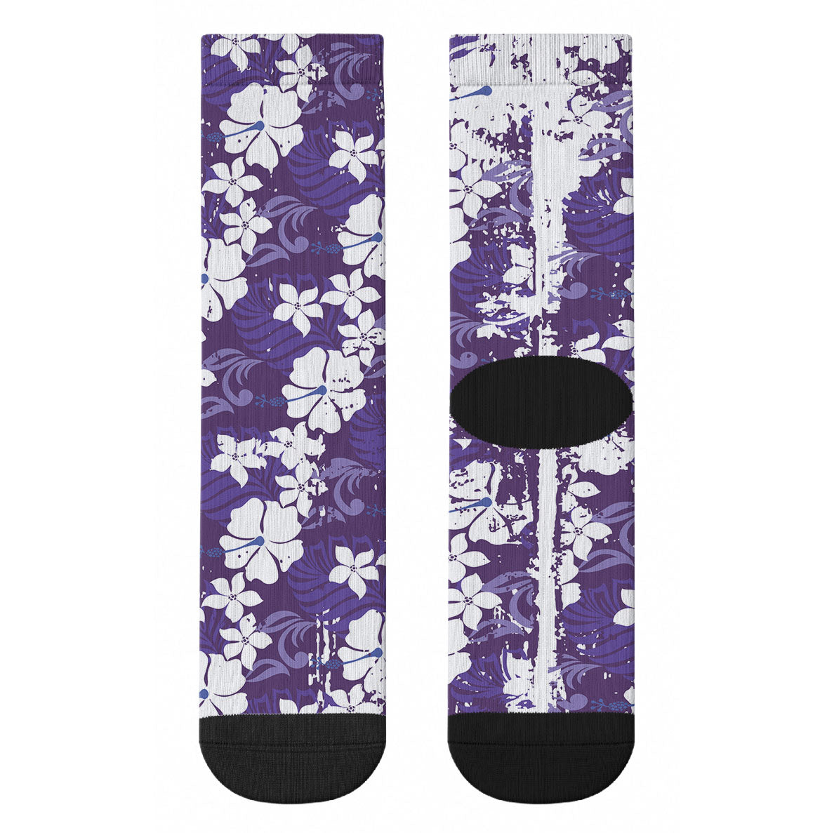 Purple Hawaiian Hibiscus Monstera Crew Socks Grunge Stylized LT01 - Polynesian Pride