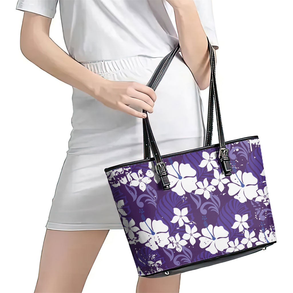 Purple Hawaiian Hibiscus Monstera Leather Tote Bag Grunge Stylized LT01 - Polynesian Pride