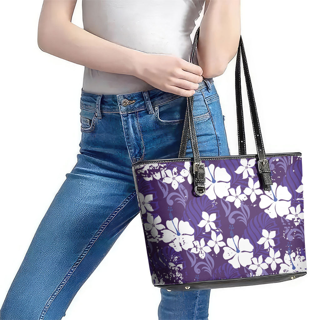 Purple Hawaiian Hibiscus Monstera Leather Tote Bag Grunge Stylized LT01 - Polynesian Pride