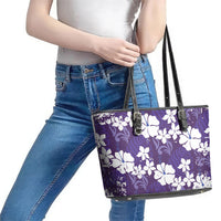 Purple Hawaiian Hibiscus Monstera Leather Tote Bag Grunge Stylized LT01 - Polynesian Pride