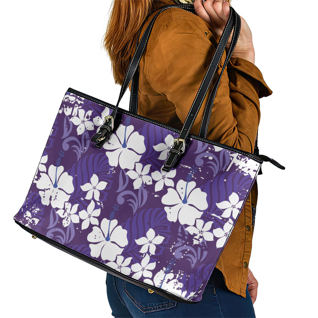 Purple Hawaiian Hibiscus Monstera Leather Tote Bag Grunge Stylized LT01 - Polynesian Pride