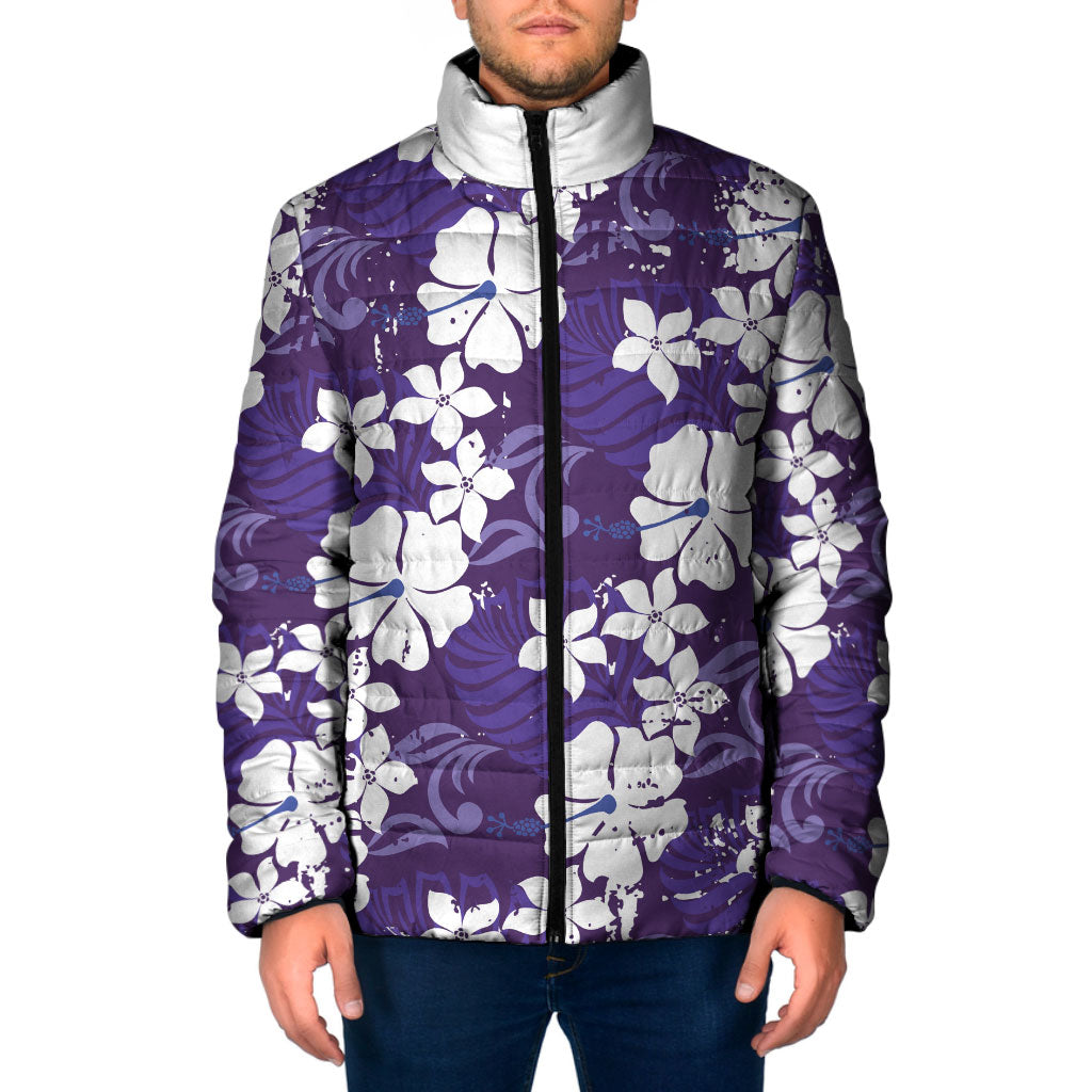 Purple Hawaiian Hibiscus Monstera Padded Jacket Grunge Stylized