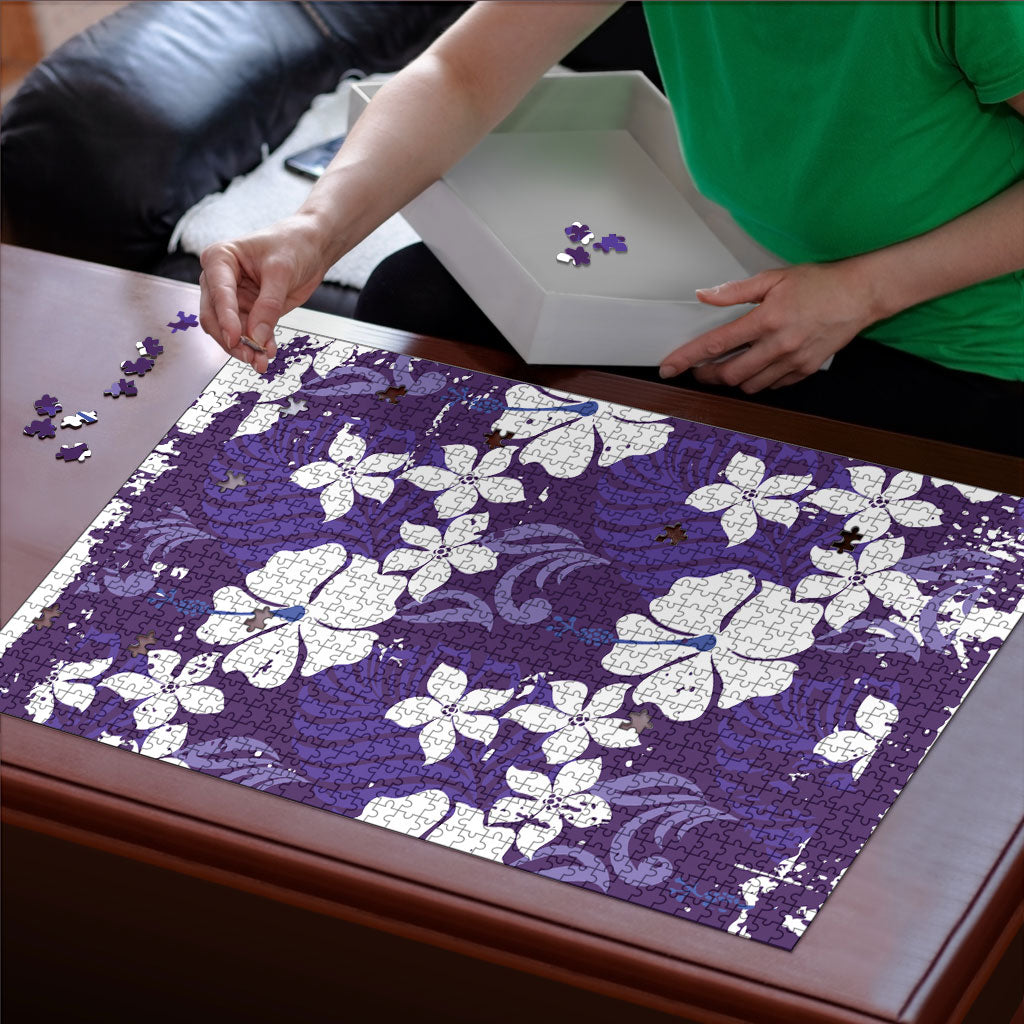Purple Hawaiian Hibiscus Monstera Puzzle Grunge Stylized