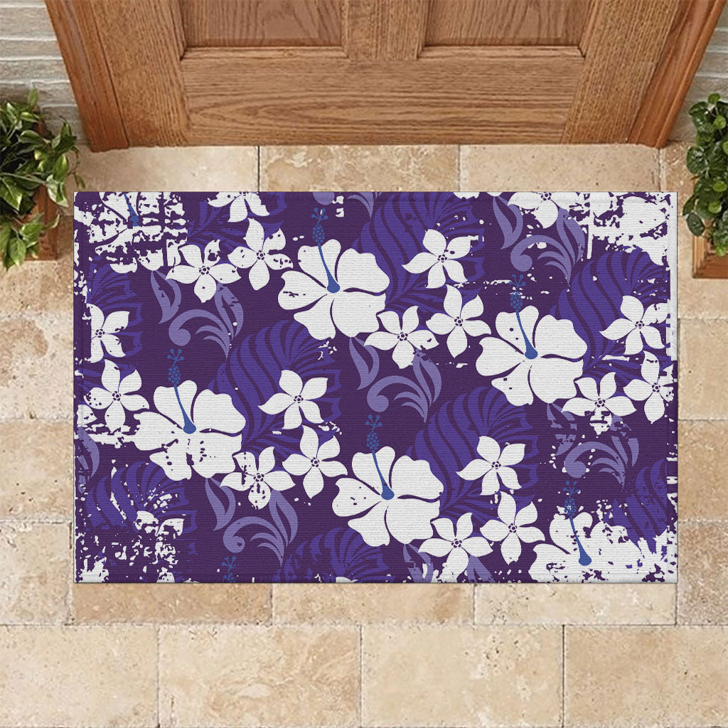 Purple Hawaiian Hibiscus Monstera Rubber Doormat Grunge Stylized LT01 Purple - Polynesian Pride