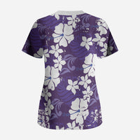 Purple Hawaiian Hibiscus Monstera Scrub Top Grunge Stylized LT01 - Polynesian Pride