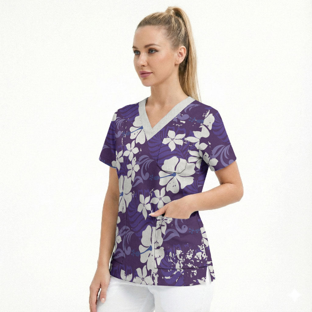 Purple Hawaiian Hibiscus Monstera Scrub Top Grunge Stylized LT01 - Polynesian Pride