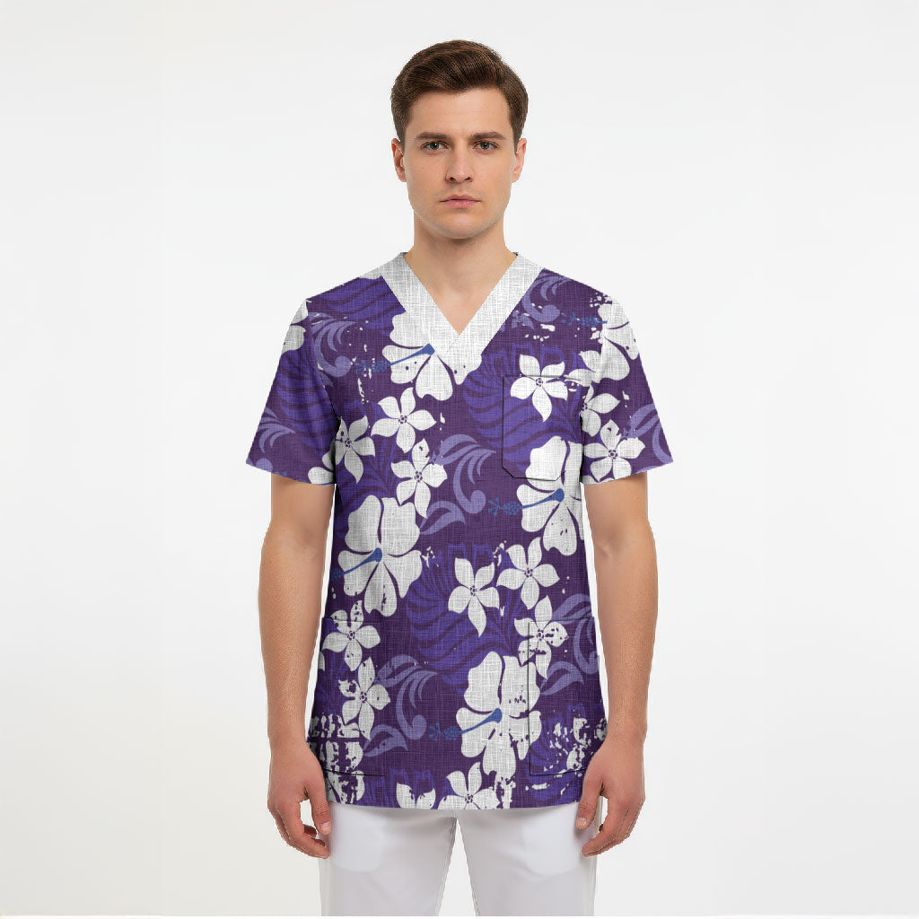 Purple Hawaiian Hibiscus Monstera Scrub Top Grunge Stylized LT01 - Polynesian Pride
