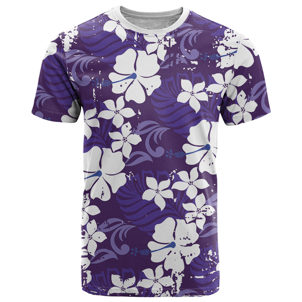 Purple Hawaiian Hibiscus Monstera T Shirt Grunge Stylized LT01 Purple - Polynesian Pride