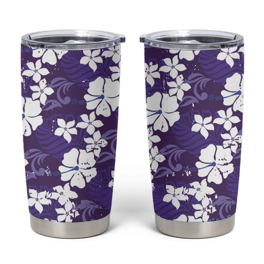 Purple Hawaiian Hibiscus Monstera Tumbler Cup Grunge Stylized LT01 Purple - Polynesian Pride