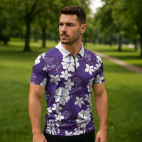 Purple Hawaiian Hibiscus Monstera Zipper Polo Shirt Grunge Stylized LT01 - Polynesian Pride