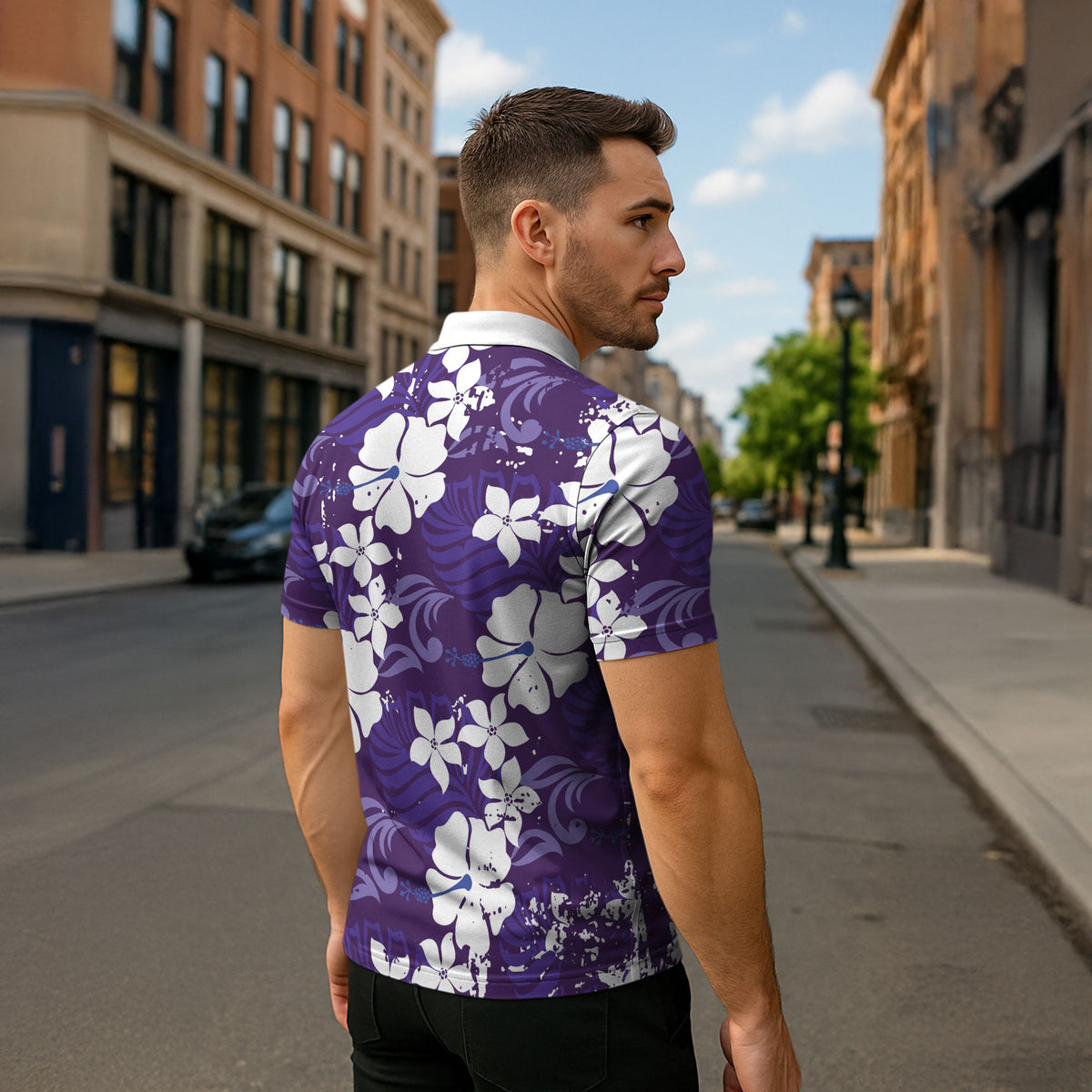 Purple Hawaiian Hibiscus Monstera Zipper Polo Shirt Grunge Stylized LT01 - Polynesian Pride