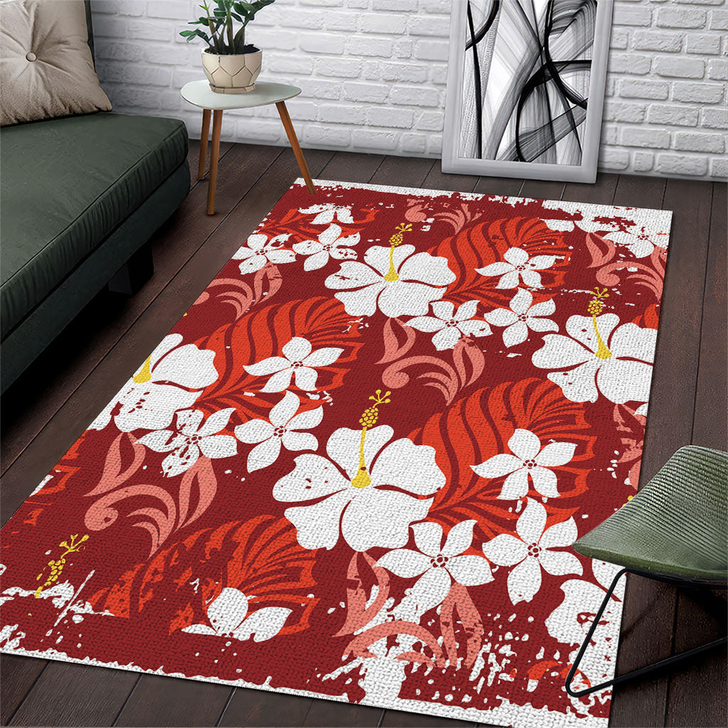 Red Hawaiian Hibiscus Monstera Area Rug Grunge Stylized LT01 Red - Polynesian Pride