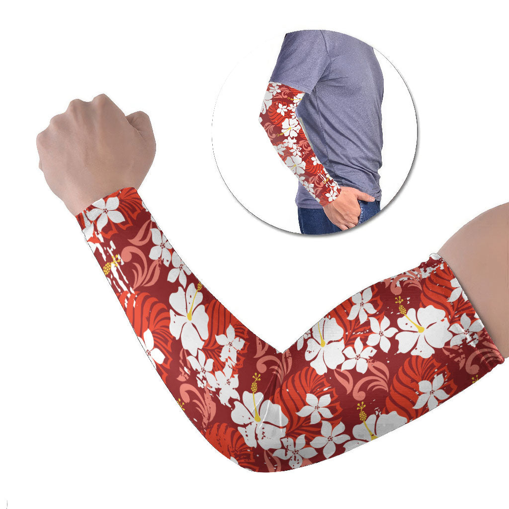 Red Hawaiian Hibiscus Monstera Arm Sleeves Grunge Stylized LT01 Set of 2 Red - Polynesian Pride