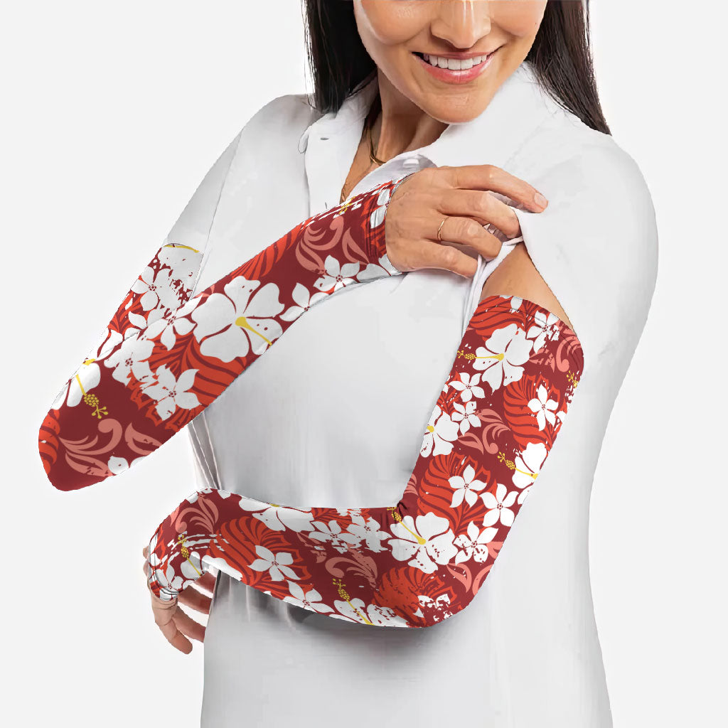 Red Hawaiian Hibiscus Monstera Arm Sleeves Grunge Stylized LT01 - Polynesian Pride