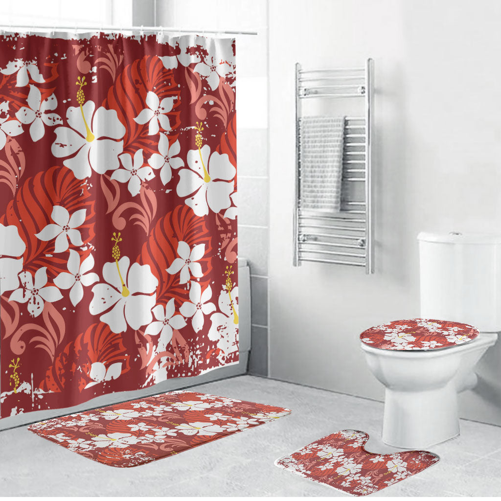Red Hawaiian Hibiscus Monstera Bathroom Set Grunge Stylized