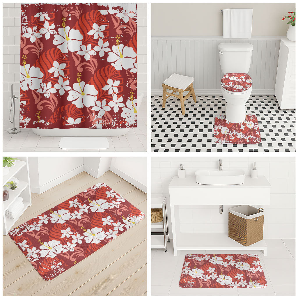 Red Hawaiian Hibiscus Monstera Bathroom Set Grunge Stylized