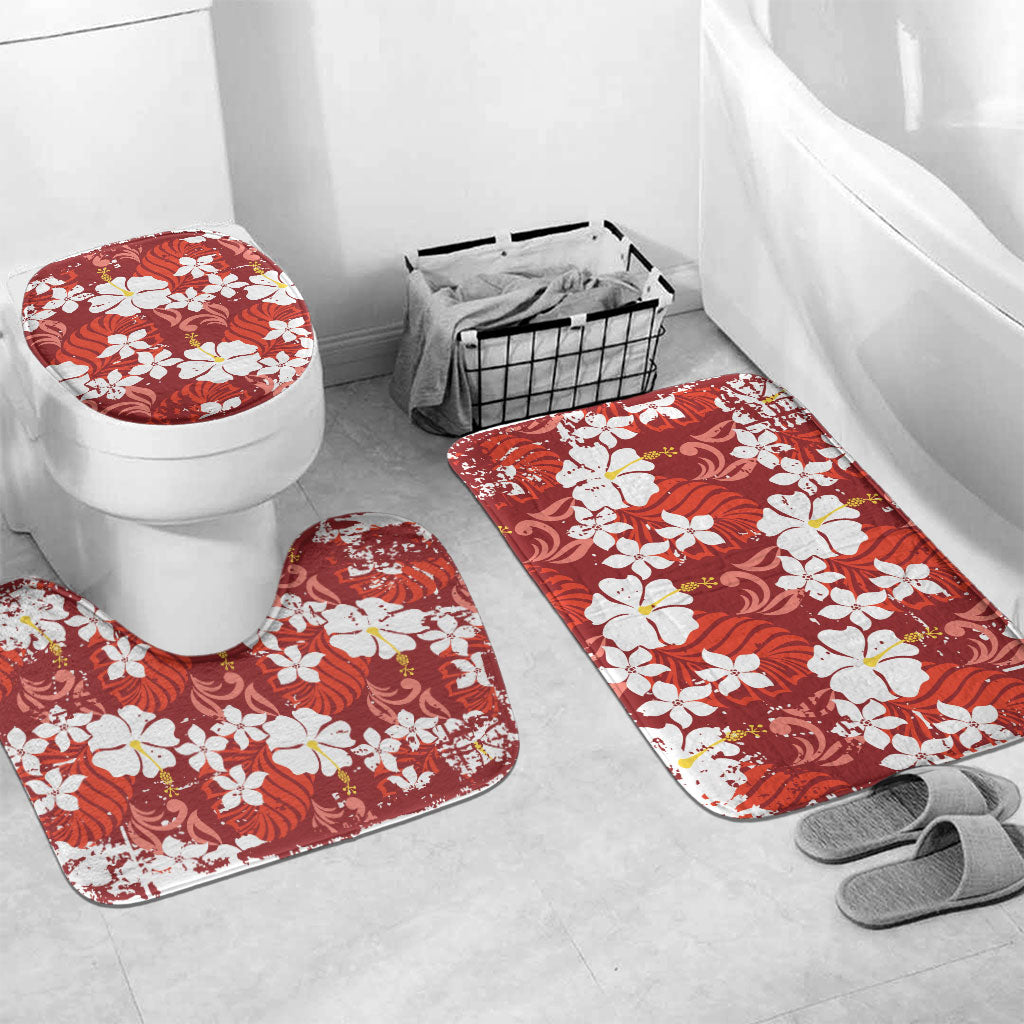 Red Hawaiian Hibiscus Monstera Bathroom Set Grunge Stylized