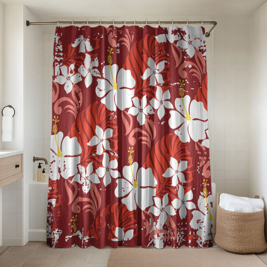 Red Hawaiian Hibiscus Monstera Bathroom Set Grunge Stylized