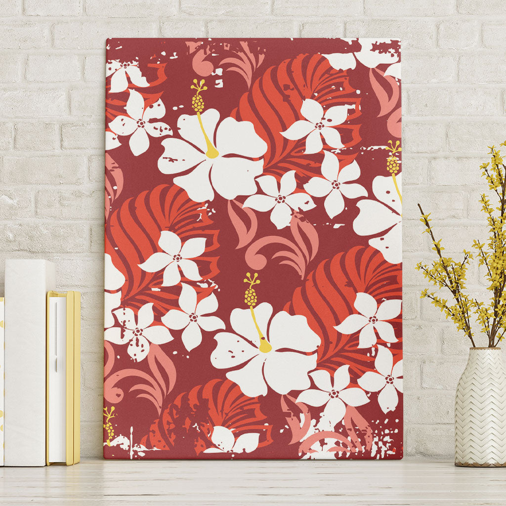 Red Hawaiian Hibiscus Monstera Canvas Wall Art Grunge Stylized