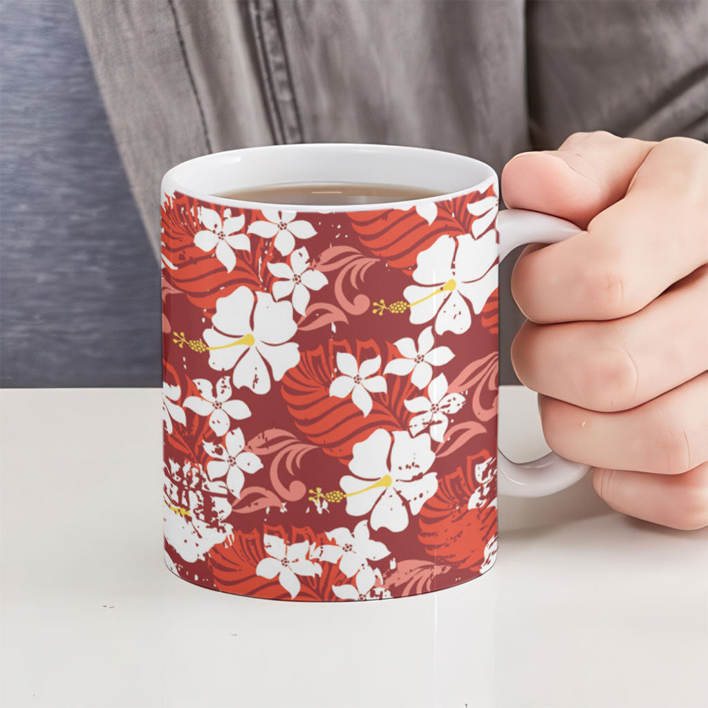 Red Hawaiian Hibiscus Monstera Ceramic Mug Grunge Stylized