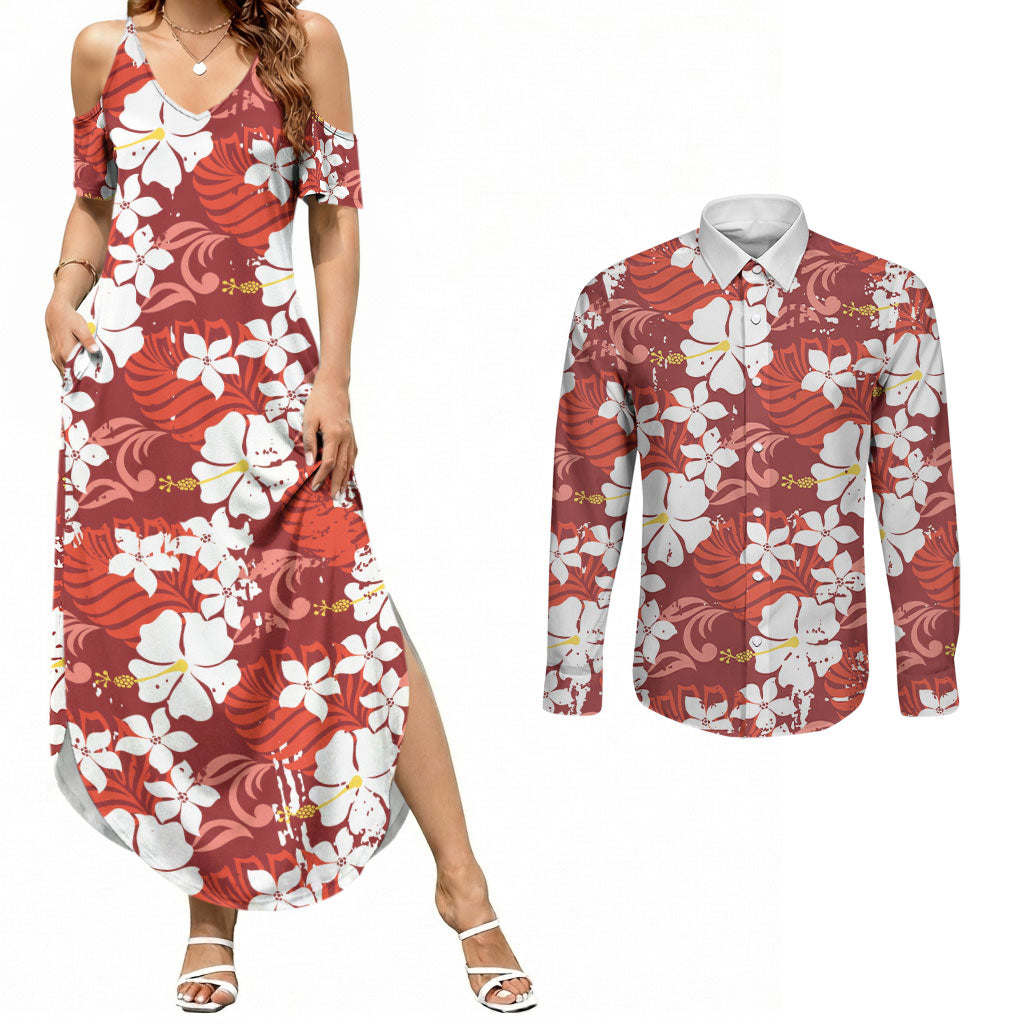 Red Hawaiian Hibiscus Monstera Couples Matching Summer Maxi Dress and Long Sleeve Button Shirt Grunge Stylized