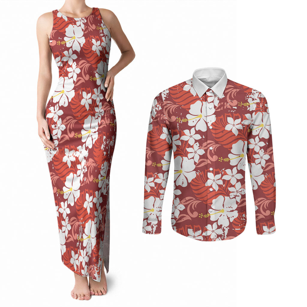 Red Hawaiian Hibiscus Monstera Couples Matching Tank Maxi Dress and Long Sleeve Button Shirt Grunge Stylized LT01 Red - Polynesian Pride