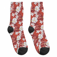 Red Hawaiian Hibiscus Monstera Crew Socks Grunge Stylized LT01 - Polynesian Pride