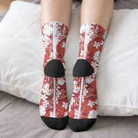 Red Hawaiian Hibiscus Monstera Crew Socks Grunge Stylized LT01 - Polynesian Pride