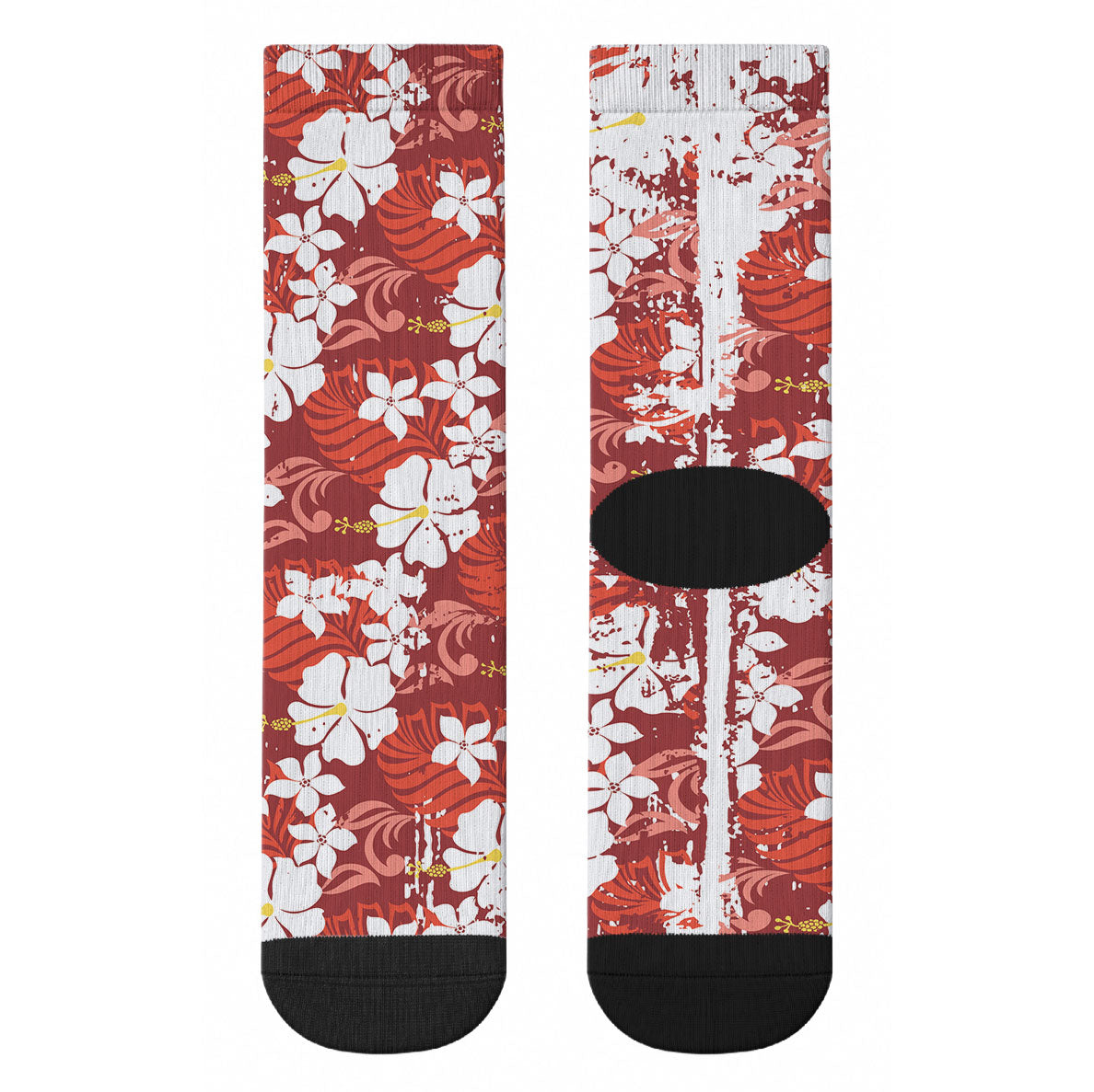 Red Hawaiian Hibiscus Monstera Crew Socks Grunge Stylized LT01 - Polynesian Pride