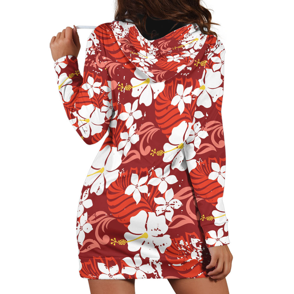 Red Hawaiian Hibiscus Monstera Hoodie Dress Grunge Stylized LT01 - Polynesian Pride