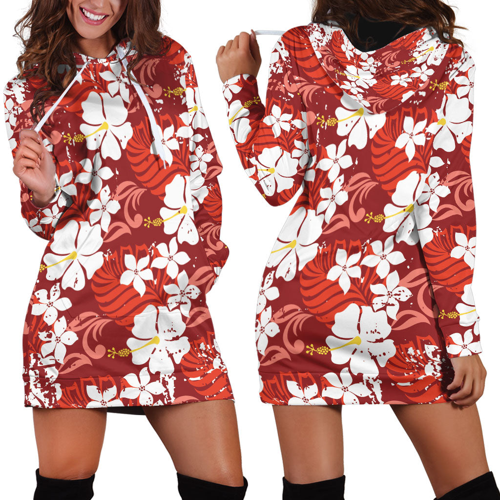 Red Hawaiian Hibiscus Monstera Hoodie Dress Grunge Stylized LT01 - Polynesian Pride