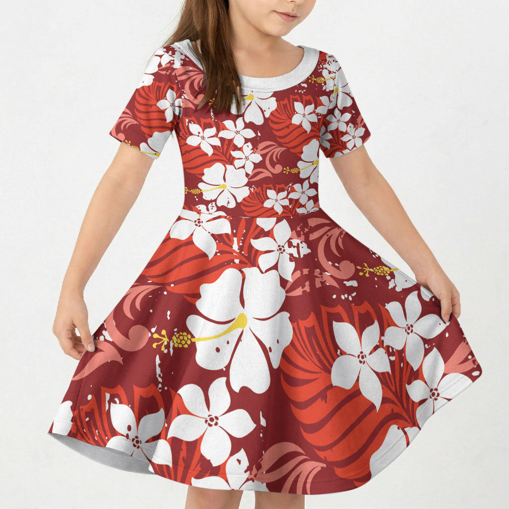 Red Hawaiian Hibiscus Monstera Kid Short Sleeve Dress Grunge Stylized LT01 KID Red - Polynesian Pride