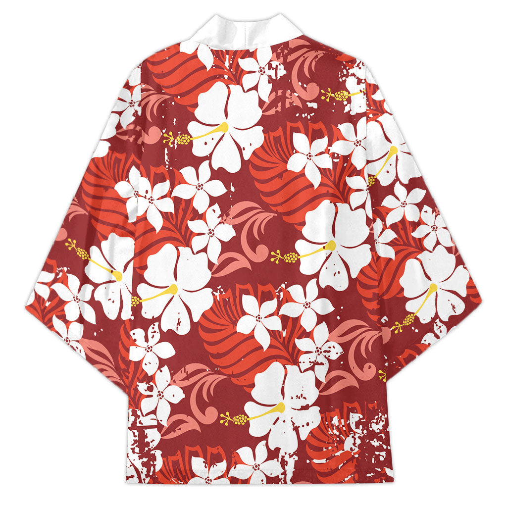 Red Hawaiian Hibiscus Monstera Kimono Grunge Stylized LT01 - Polynesian Pride