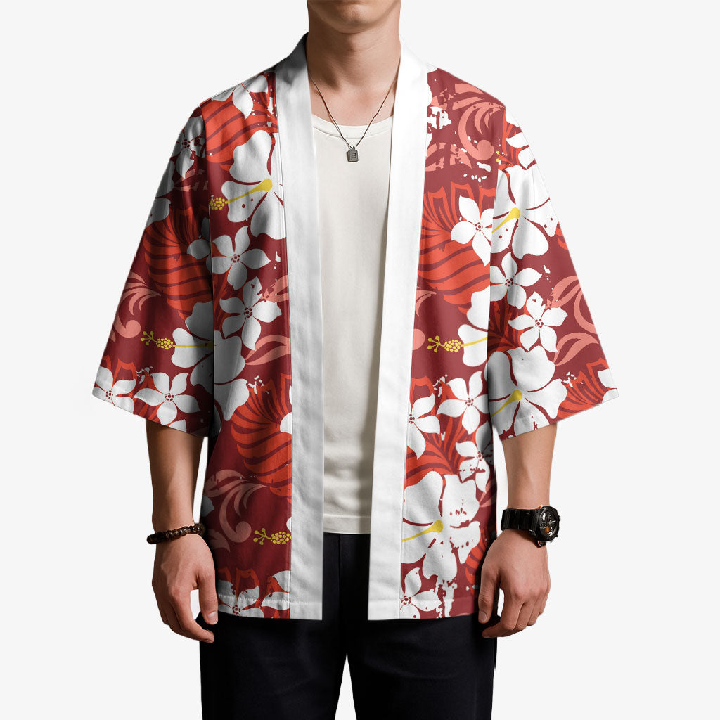 Red Hawaiian Hibiscus Monstera Kimono Grunge Stylized LT01 - Polynesian Pride