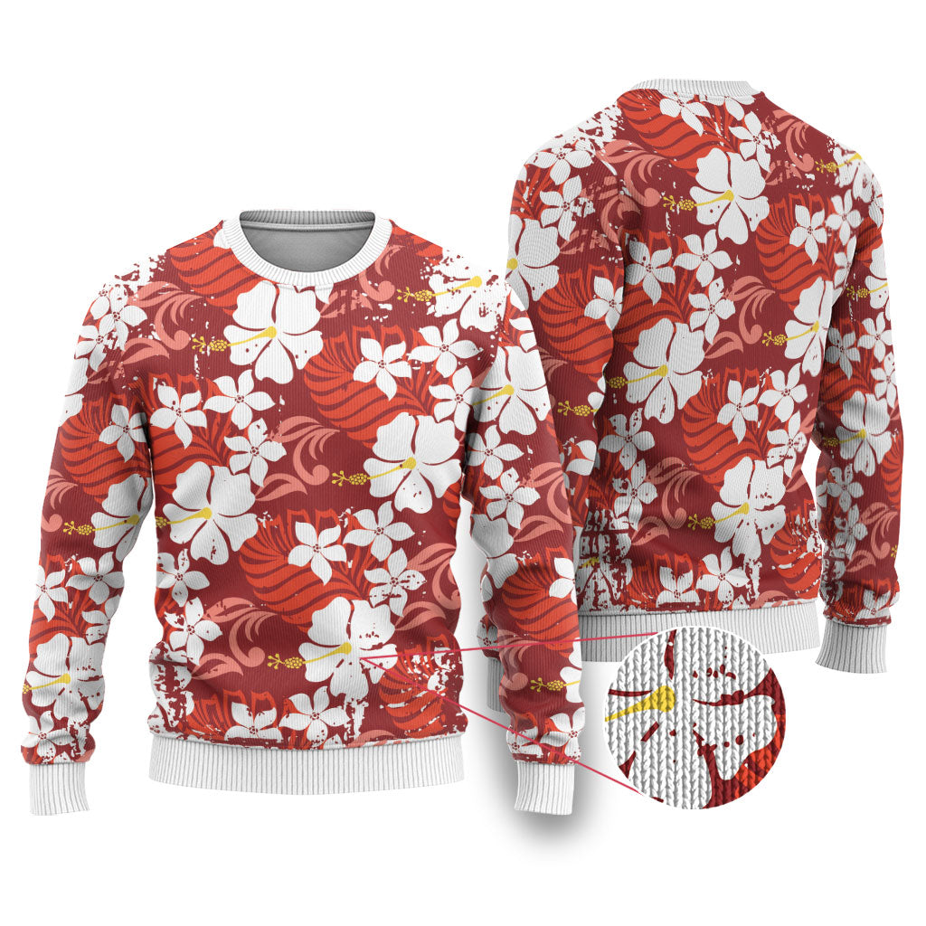 Red Hawaiian Hibiscus Monstera Ugly Christmas Sweater Grunge Stylized LT01 Red - Polynesian Pride