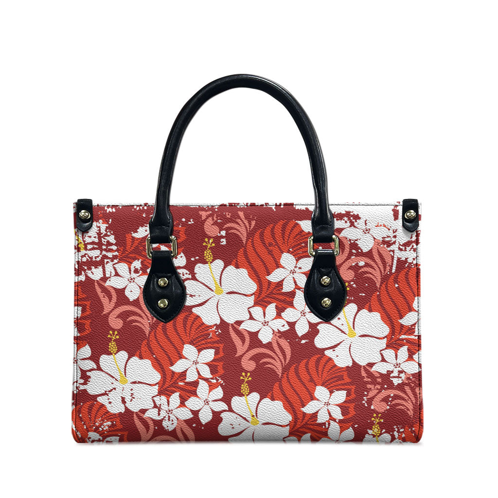 Red Hawaiian Hibiscus Monstera Leather Bag Grunge Stylized