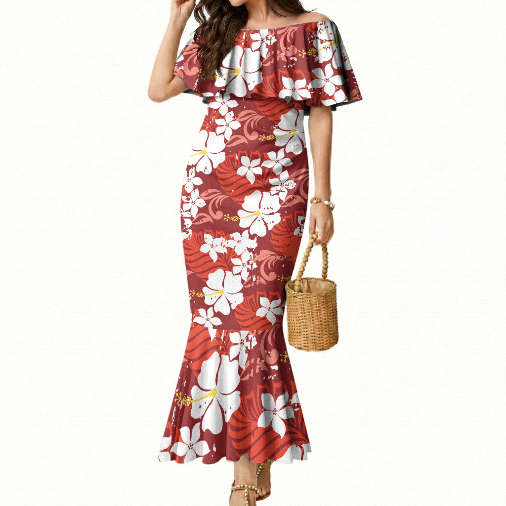 Red Hawaiian Hibiscus Monstera Mermaid Dress Grunge Stylized LT01 Women Red - Polynesian Pride