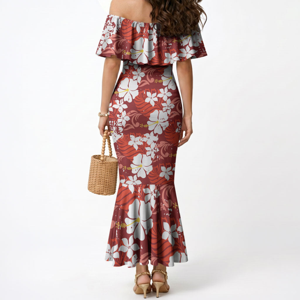 Red Hawaiian Hibiscus Monstera Mermaid Dress Grunge Stylized LT01 - Polynesian Pride