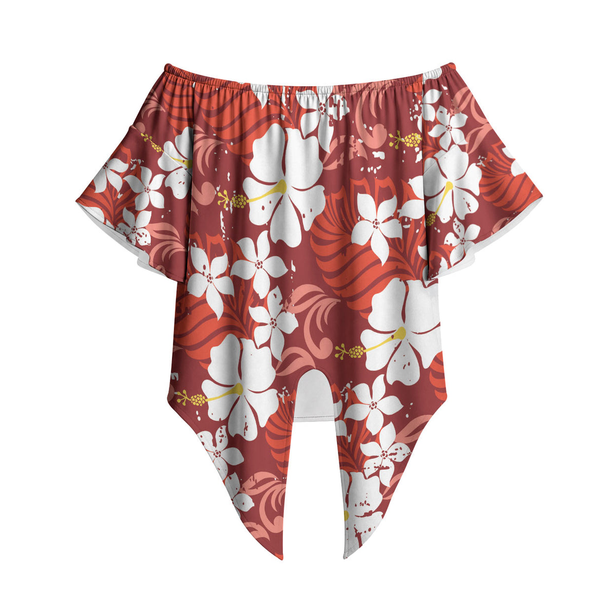 Red Hawaiian Hibiscus Monstera Off Shoulder Wrap Waist Top Grunge Stylized LT01 - Polynesian Pride