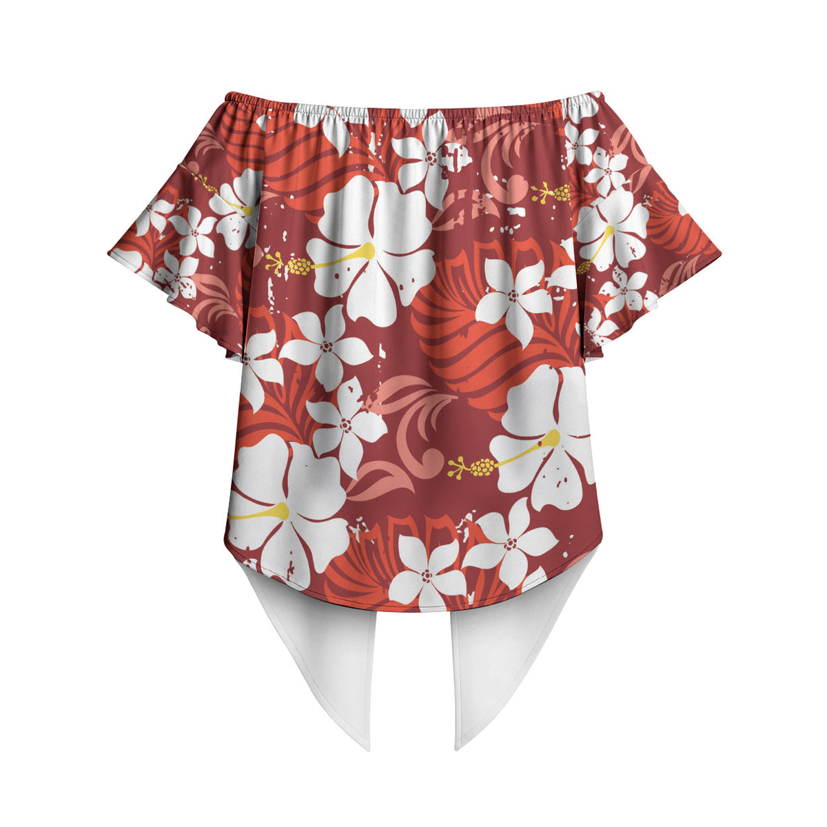 Red Hawaiian Hibiscus Monstera Off Shoulder Wrap Waist Top Grunge Stylized LT01 - Polynesian Pride