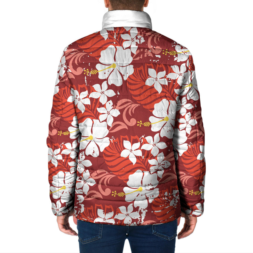 Red Hawaiian Hibiscus Monstera Padded Jacket Grunge Stylized