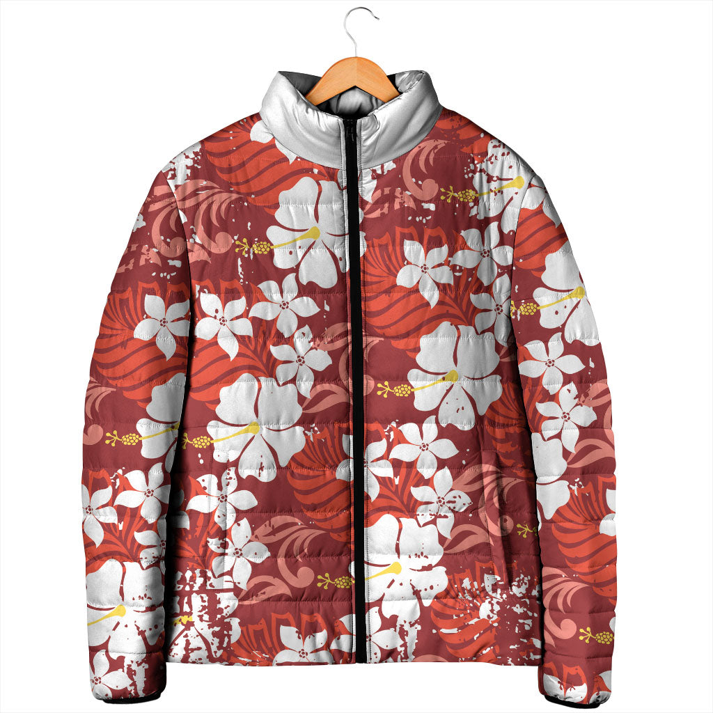 Red Hawaiian Hibiscus Monstera Padded Jacket Grunge Stylized