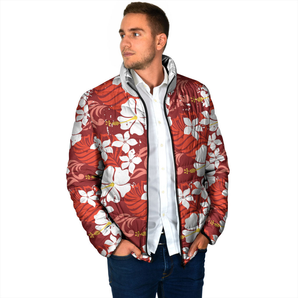 Red Hawaiian Hibiscus Monstera Padded Jacket Grunge Stylized