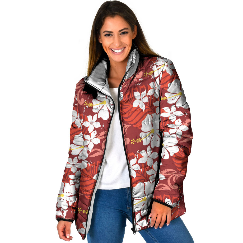 Red Hawaiian Hibiscus Monstera Padded Jacket Grunge Stylized