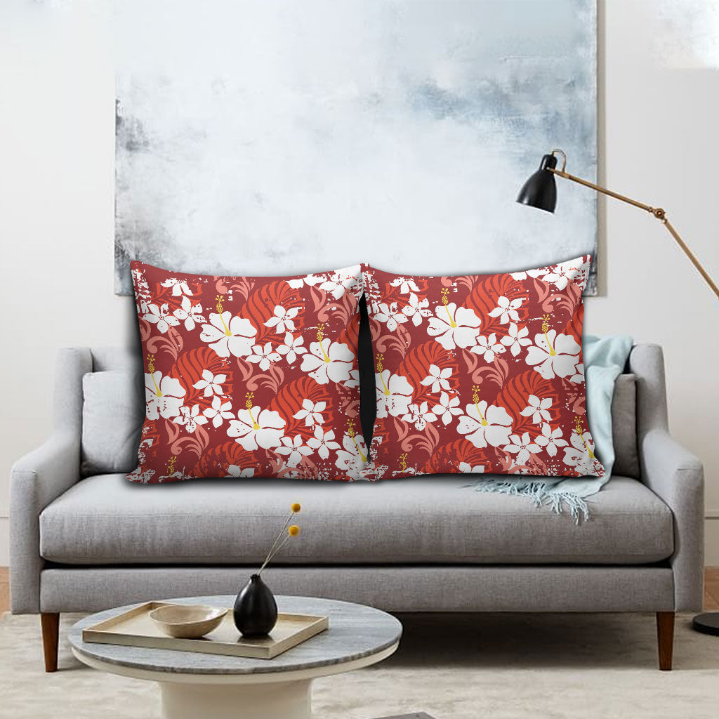 Red Hawaiian Hibiscus Monstera Pillow Cover Grunge Stylized LT01 - Polynesian Pride
