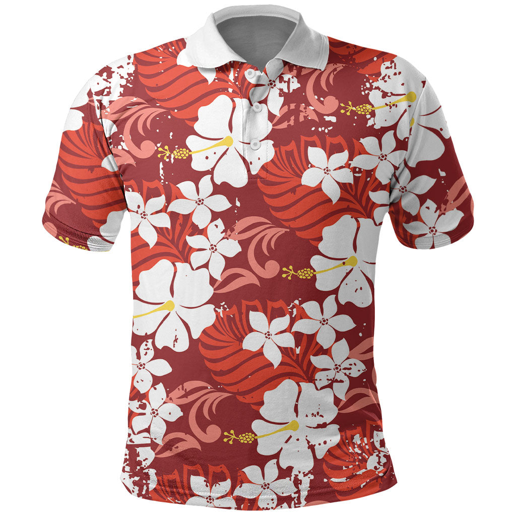 Red Hawaiian Hibiscus Monstera Polo Shirt Grunge Stylized LT01 Red - Polynesian Pride