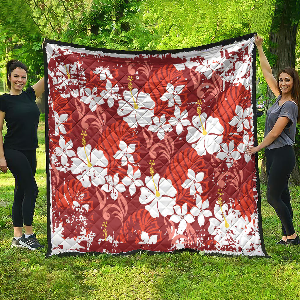 Red Hawaiian Hibiscus Monstera Quilt Grunge Stylized LT01 - Polynesian Pride
