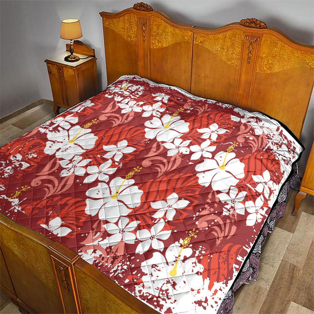 Red Hawaiian Hibiscus Monstera Quilt Grunge Stylized LT01 - Polynesian Pride