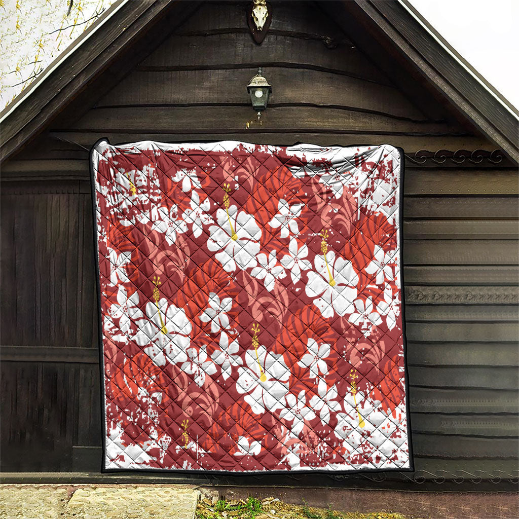 Red Hawaiian Hibiscus Monstera Quilt Grunge Stylized LT01 - Polynesian Pride